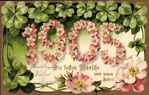 Präge Litho Glückwunsch Neujahr 1905, Glücksklee, Blumen