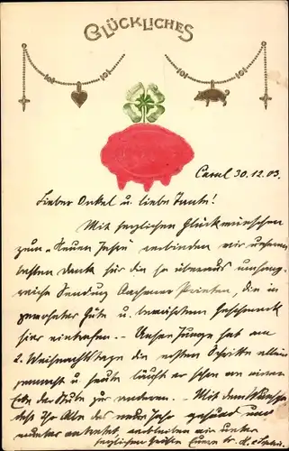 Präge Ak Glückwunsch Neujahr, Siegel, Glücksklee, Schwein