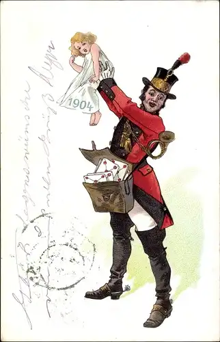 Litho Jahreszahl 1916, Mädchen als Neues Jahr, Briefträger, Briefe