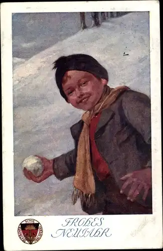 Künstler Ak Glückwunsch Neujahr, Junge mit Schneeball, Deutscher Schulverein