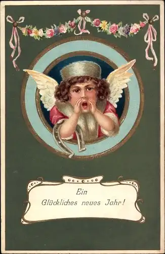 Präge Ak Glückwunsch Neujahr, Engel, Hufeisen