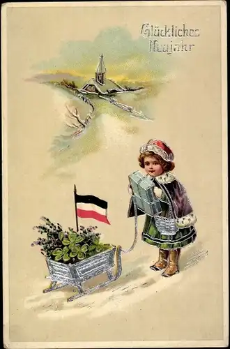 Ak Glückwunsch Neujahr, Mädchen, Geschenke, Kaiserliche Fahne, Schlitten, Glücksklee