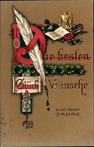 Präge Ak Glückwunsch Neujahr, Feder, Hufeisen, Sanduhr, Glücksklee