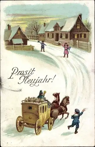 Ak Glückwunsch Neujahr, Postkutsche, Häuser, Schnee