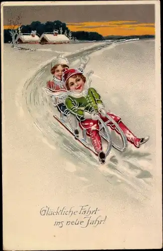 Ak Glückwunsch Neujahr, Schlittenfahrt, Mädchen