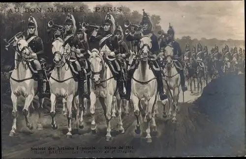 Künstler Ak Baud, Henri, Au Bon Marche, Paris, Les Trompettes du 4e Dragons