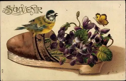 Präge Litho Souvenir, Holzpantoffel mit Veilchen und Meise, Vogel, Stiefmütterchen