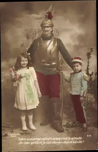Ak Französischer Soldat und Junge in Uniform, Mädchen