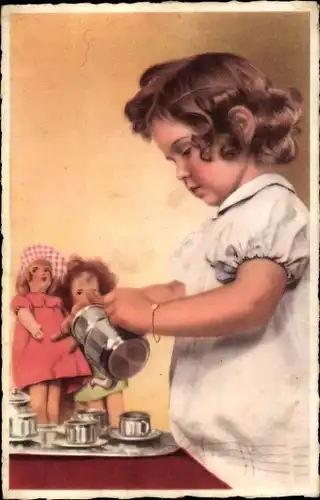 Ak Mädchen mit Puppen, Teeservice