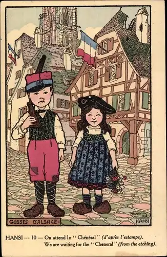 Künstler Ak Hansi, Jean Jacques Waltz, On attend le Cheneral, Elsässer Kinder