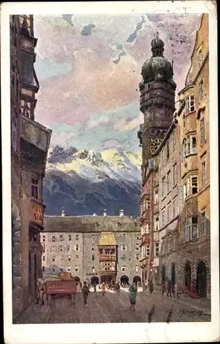 Künstler Ak Innsbruck in Tirol, Herzog Friedrichstraße mit Stadtturm und goldenem Dachl