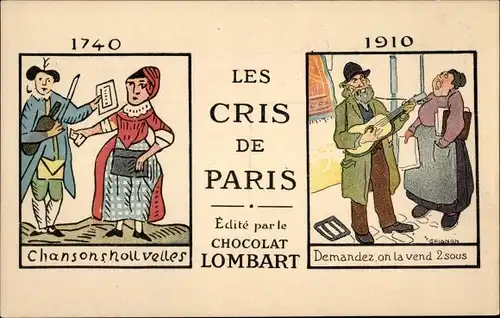 Künstler Ak Les Cris de Paris, Chocolat Lombart, Reklame, Straßenmusiker
