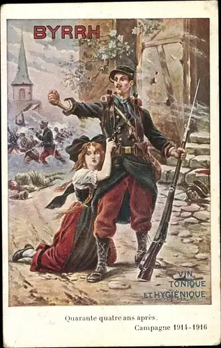 Künstler Ak Französischer Soldat, Frau in Elsässer Tracht, Reklame, Byrrh, Vin Tonique et Hygienique