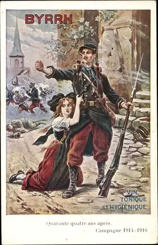Künstler Ak Französischer Soldat, Frau in Elsässer Tracht, Reklame, Byrrh, Vin Tonique et Hygienique
