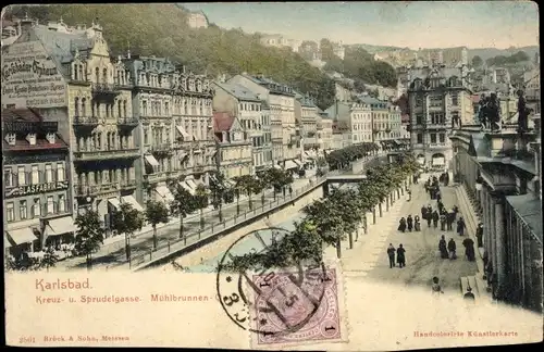 Ak Karlovy Vary Karlsbad Stadt, Kreuz- und Sprudelgasse, Mühlbrunnen-Quai