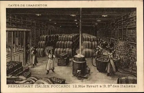 Ak Paris II, Rue Favart, Blvd des Italiens, Poccardi Restaurant Italien, Caves de Charenton