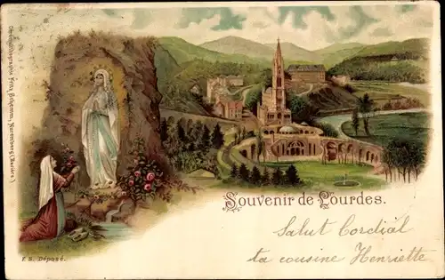 Litho Lourdes Hautes Pyrénées, Betende Frau vor der Marienstatue, Kirche