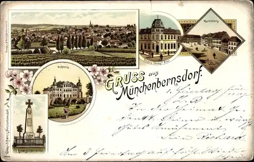 Litho Münchenbernsdorf in Thüringen, Marktplatz, Post, Schloss, Kriegerdenkmal, Totalansicht
