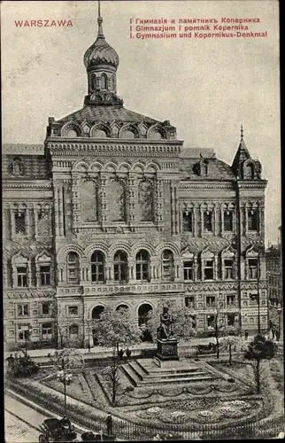 Ak Warszawa Warschau Polen, I. Gymnasium und Kopernikus Denkmal