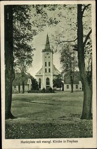 Ak Cieszków Freyhan Schlesien, Marktplatz mit evangelischer Kirche