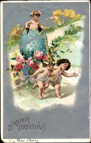 Ak Glückwunsch Ostern, Engel ziehen Karren mit Osterei, Rosen