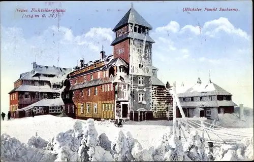 Ak Oberwiesenthal Erzgebirge, Neues Fichtelberghaus, Schnee