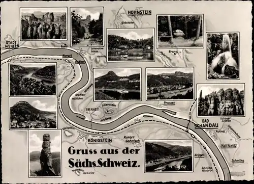 Landkarten Ak Königstein an der Elbe Sächsische Schweiz, Bad Schandau, Hohnstein, Wehlen