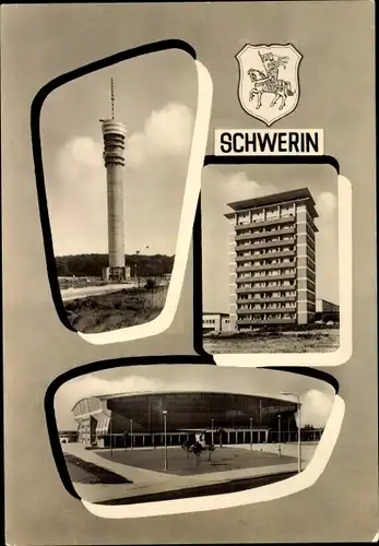 Ak Schwerin in Mecklenburg, Wappen, Fernsehturm HOG Turmcafe, Hochhaus, Sport- und Kongresshalle