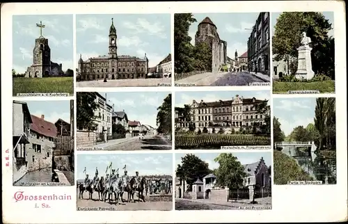 Ak Großenhain Sachsen, Aussichtsturm Kupferberg, Rathaus, Klosterruine, Bismarckdenkmal, Soldaten