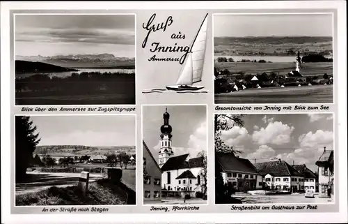 Ak Inning am Ammersee Oberbayern, Pfarrkirche, Gasthaus zur Post, Gesamtansicht