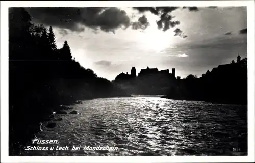 Ak Füssen im Ostallgäu, Schloss und Lech bei Mondschein