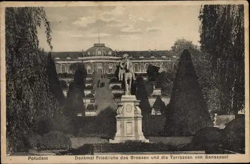 Ak Potsdam, Schloss Sanssouci, Denkmal Friedrichs des Großen und Terrasse