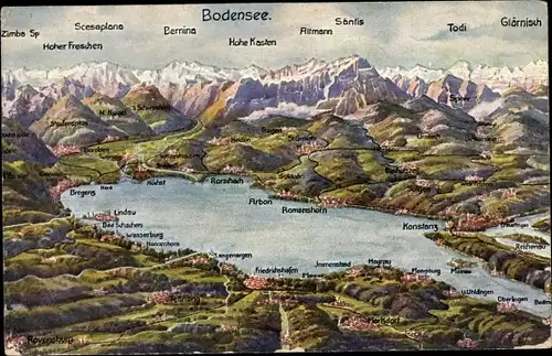 Landkarten Künstler Ak Marschall, V., Konstanz am Bodensee, Bregenz, Arbon, Friedrichshafen, Lindau