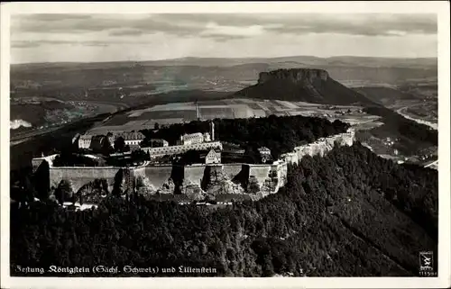 Ak Königstein an der Elbe Sächsische Schweiz, Festung und Lilienstein, Klinke Fliegeraufnahme 11159