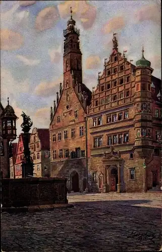 Künstler Ak Marschall, Rothenburg ob der Tauber Mittelfranken, Rathaus und Herterich Brunnen