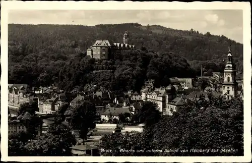 Ak Greiz im Vogtland, Oberes und unteres Schloss vom Hainberg aus gesehen