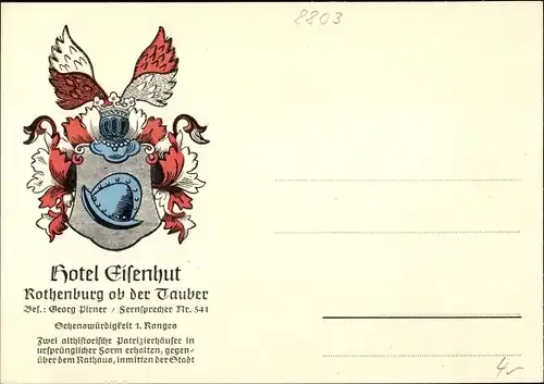 Wappen Ak Rothenburg ob der Tauber Mittelfranken, Hotel Eisenhut