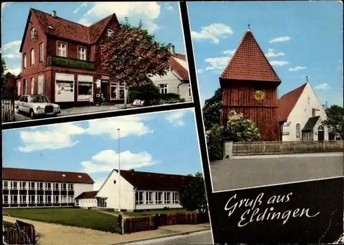 Ak Eldingen in Niedersachsen, Geschäft, Kirche, Schule