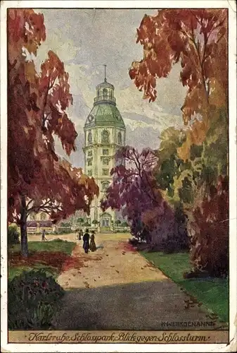 Künstler Ak Weilkdennant, K., Karlsruhe in Baden, Schlosspark, Blick gegen Schlossturm