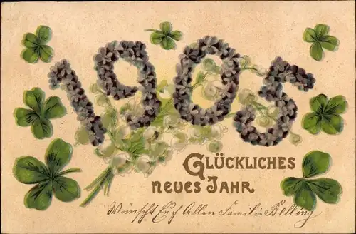 Ak Glückwunsch Neujahr 1905, Glücksklee, Veilchen