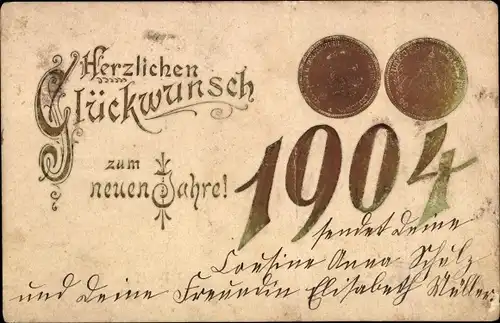 Präge Ak Glückwunsch Neujahr 1904, Goldene Münzen
