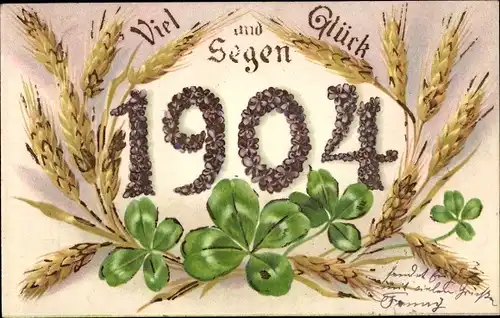 Präge Litho Glückwunsch Neujahr 1904, Glücksklee, Getreide