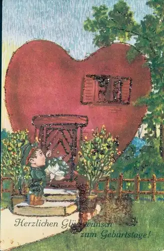 Glitzer Ak Glückwunsch Geburtstag, Junge mit Blumenstrauß, Herz, Blumen in Blumentöpfen