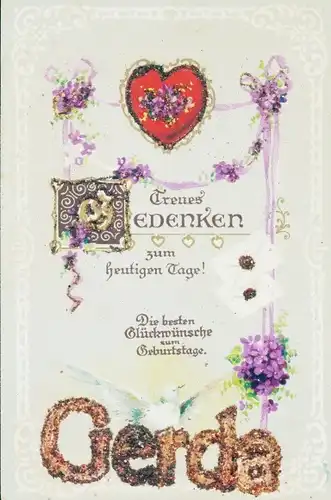 Glitzer Ak Glückwunsch Geburtstag, Gerda, Herz, Blumen