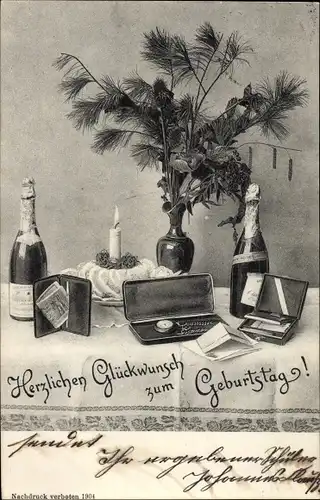 Ak Glückwunsch Neujahr, Geburtstagskuchen, Sektflaschen, Uhr, Pflanze