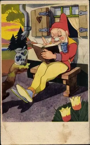 Ak Zwerg mit Pfeife und Buch vor einem Haus