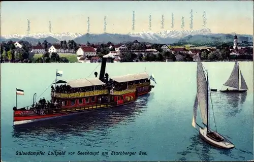 Ak Salondampfer Luitpold vor Seeshaupt am Starnberger See, Segelboote