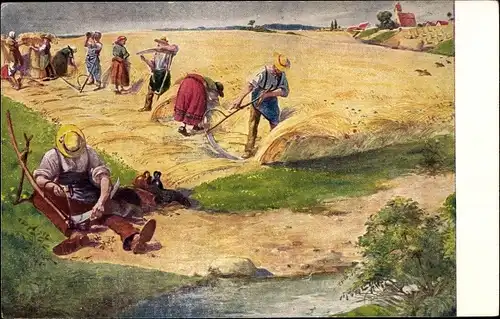 Ak Bauern bei der Arbeit, Strohernte, Sense, Schlafender Mann, Strohgarben, Landwirtschaft