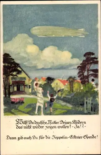 Künstler Ak Amtsberg, Otto, Deutsche Mutter zeigt Kindern Luftschiff, Zeppelin Eckener Spende