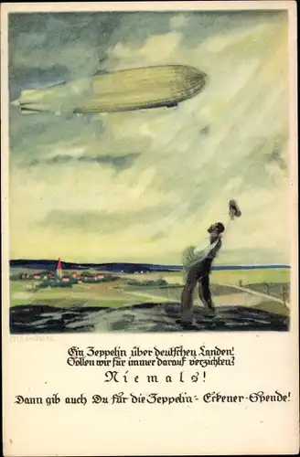 Künstler Ak Amtsberg, Otto, Zeppelin Eckener Spende, Ein Zeppelin über deutschen Landen